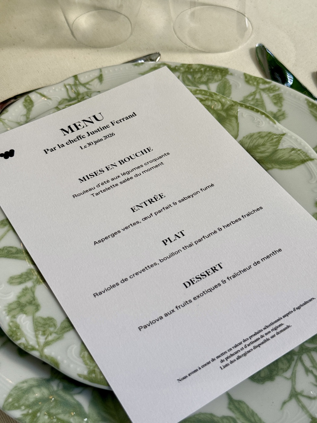 Menu conçu par la cheffe Justine Ferrand